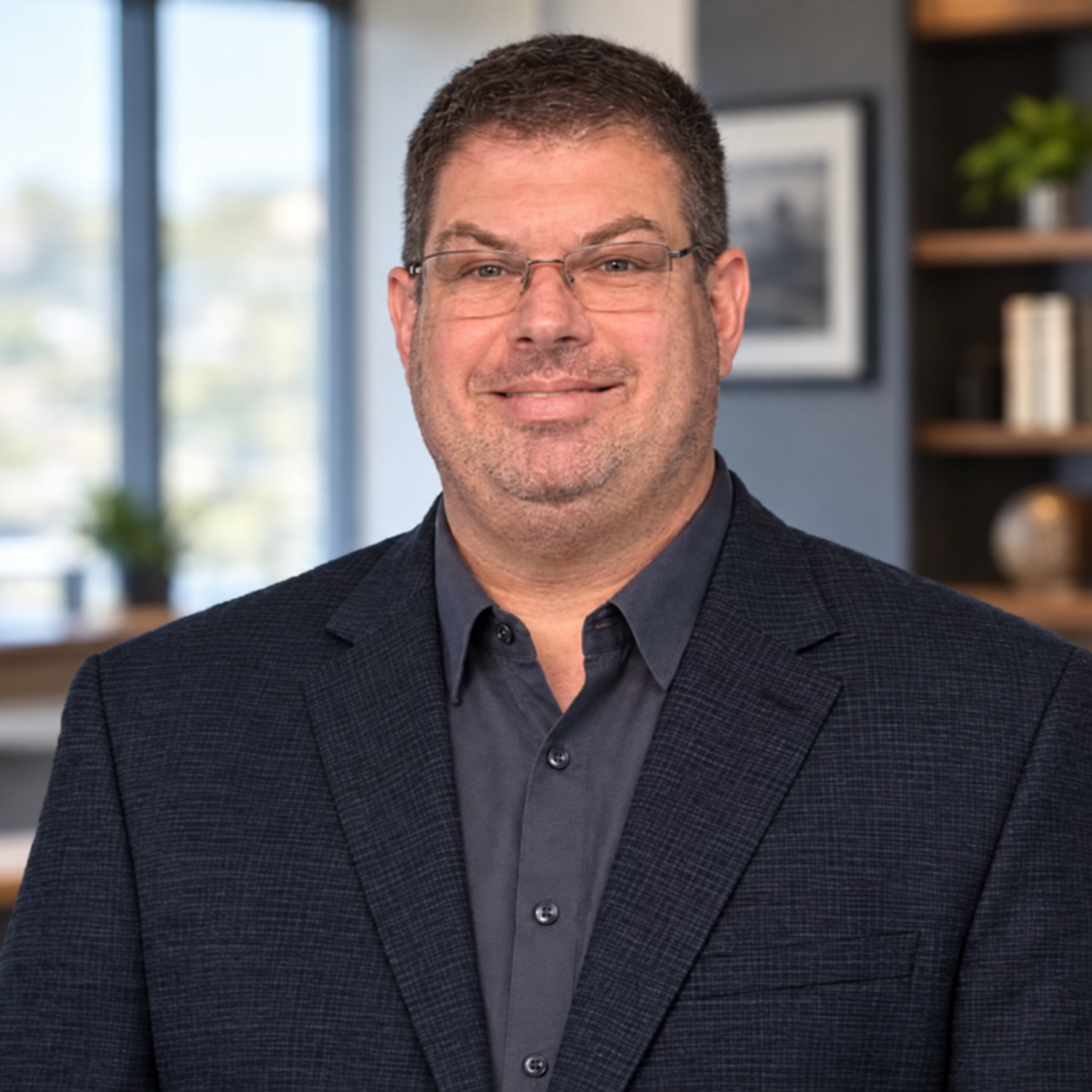Laszlo Sandor wearing glasses and a dark blazer
